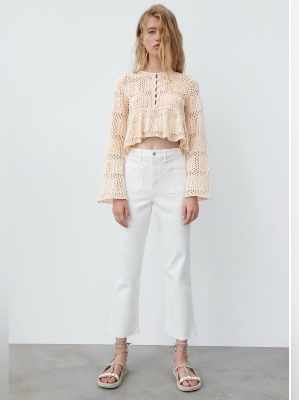 Zara Cream Crochet Peplum Button-Front Sweater, Size M